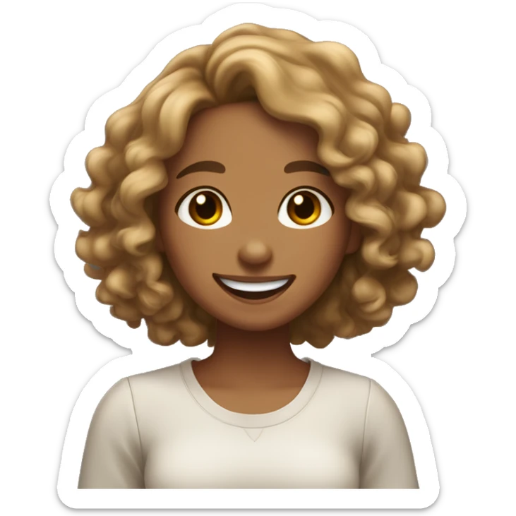 tan skin girl with shoulder length curly hair with a middle part and brown eyes laughing  sticker