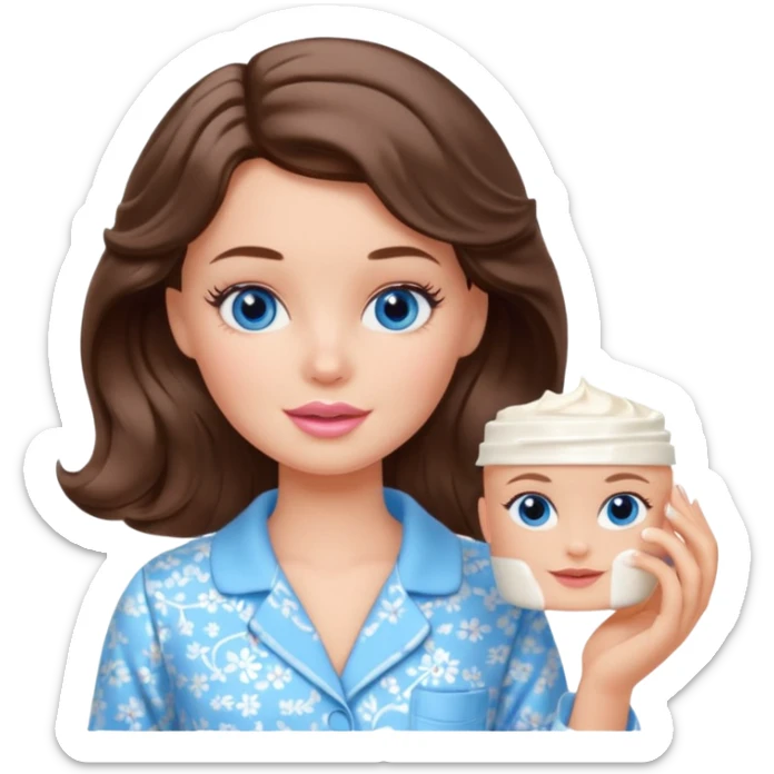 Barbie girl with makeup, blue eyes , and bob long haircut wavy, short brown hair in creamy color pajamas, face cream in hand sticker