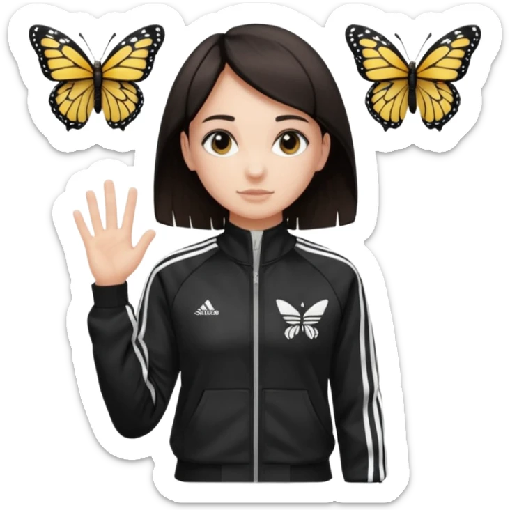 A girl with  medium length, dark hair, fair skin. The style is a butterfly  cut and wore black Adidas track jacket with white stripes on the sleeves. It has a full zipper down the front, a stand-up collar, and the Adidas logo on the right chest emoji sticker