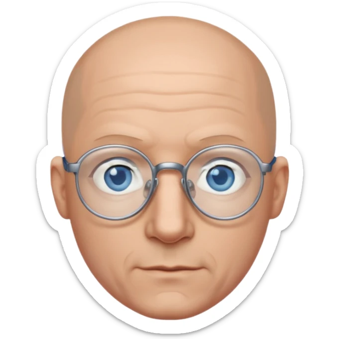 I want a twitch emoji style of a bald man with glasses and blue and gray eyes sticker