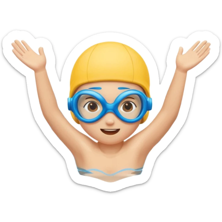 Cute emoji of a swimmer diving into a pool, rounded shapes, friendly style, bright blue water, minimal facial details. sticker
