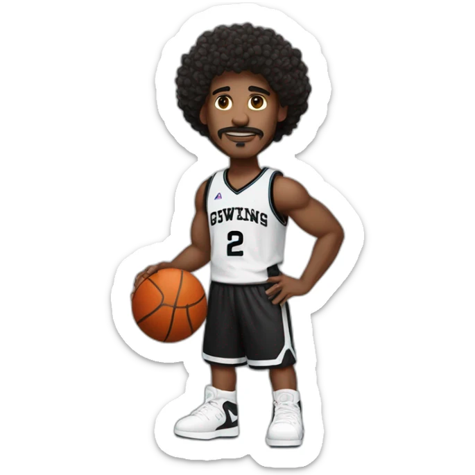 black basketball player with moustache curly hair and headband wearing black and white jersey holding the book sticker