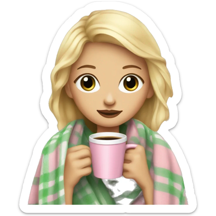 cute dirty blonde girl with green hazel wrapped in pastel pink plaid blanket drinking coffeeemoji sticker