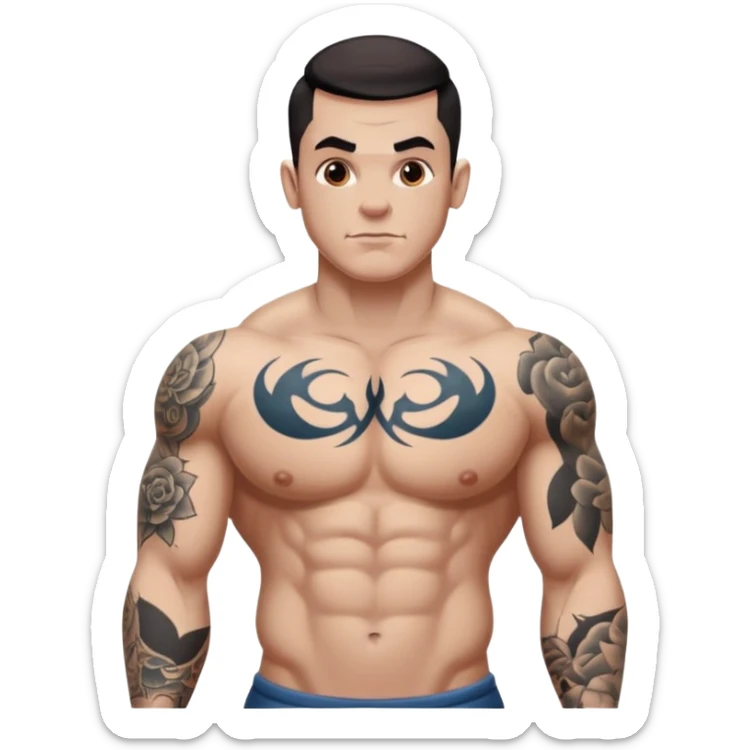 tattoo man, white skintone, more highlight the tattoo, body builder, heavy tattoos on fully chest, more tattoos on the body, more visible tattoo, big tattoos, tattoos on face. sticker