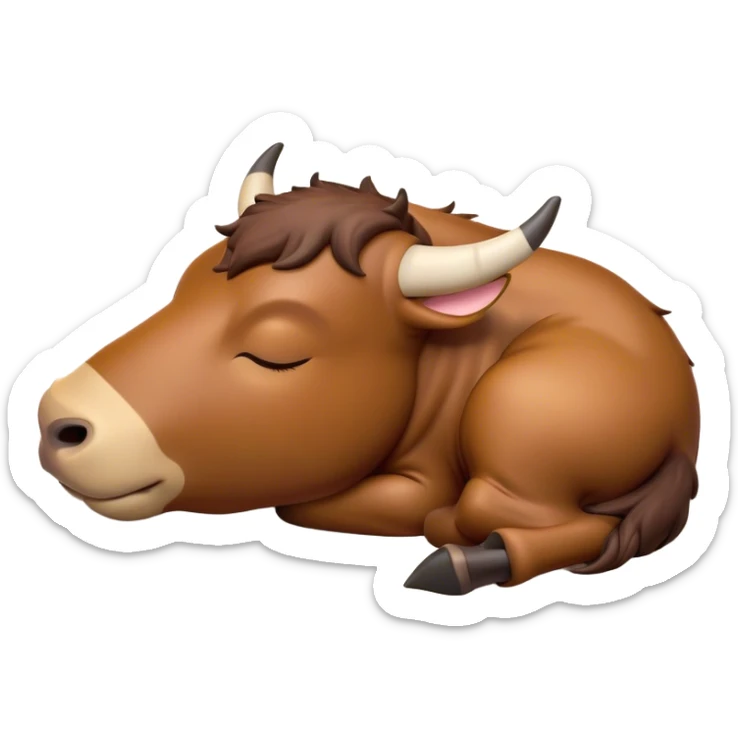 Meme-Worthy Cute Sleeping Domestic Ox Portrait Emoji, Head resting peacefully with a contented smile, showcasing a massive, sturdy build and a luxuriously soft hide, eyes gently closed in serene, restful slumber, Simplified yet hilariously adorable features, highly detailed, glowing with a soft, drowsy natural light, high shine, relaxed and utterly lovable, stylized with an air of playful laziness, soft glowing outline, capturing the essence of a sleeping ox that feels destined to become the next viral sensation of adorable rest! sticker