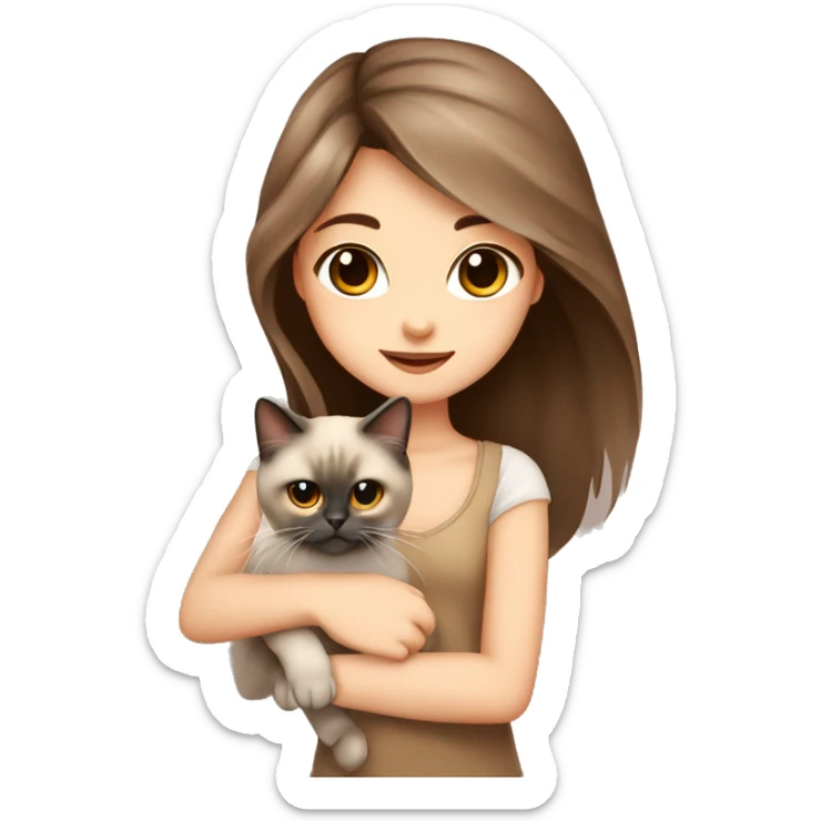 girl with brown eyes brown long hair cute beautiful in her arms holds a Persian cat of Siamese color sticker