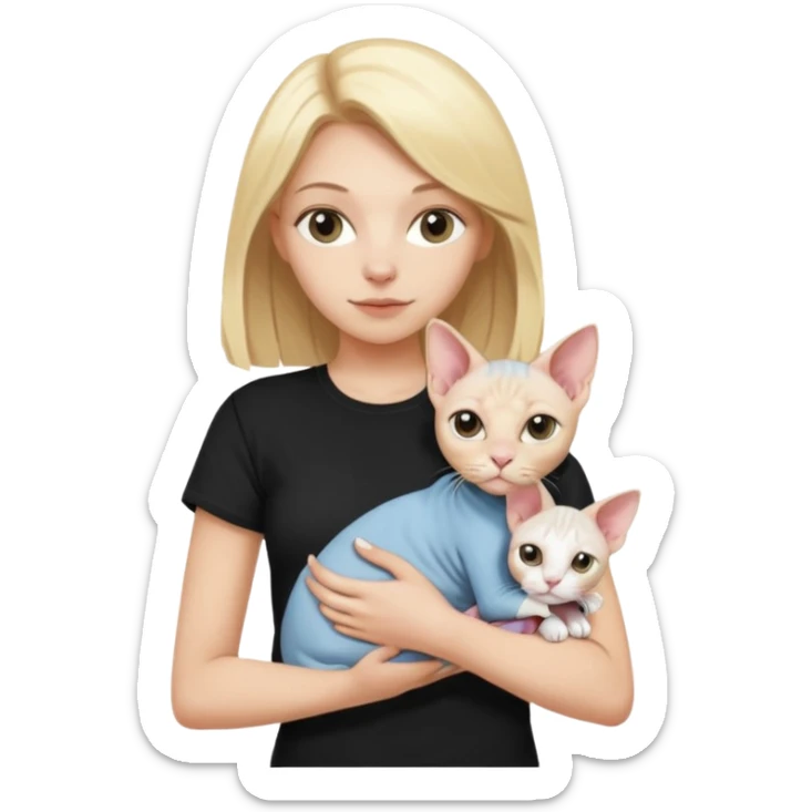 A white girl with blonde hair black T-shirt is holding a white Sphynx cat in her arms sticker