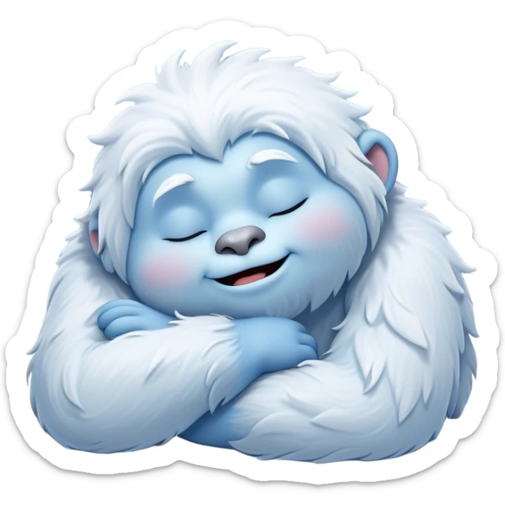 Meme-Worthy Cute Sleeping Yeti Portrait Emoji, with a charming, fluffy, snow-dusted figure in gentle whites and cool blues, head resting in blissful, serene slumber with closed, peaceful eyes and a small, contented smile, simplified yet irresistibly adorable, highly detailed with a soft frosty outline that captures the tender drowsiness of a yeti drifting into snowy dreams! sticker