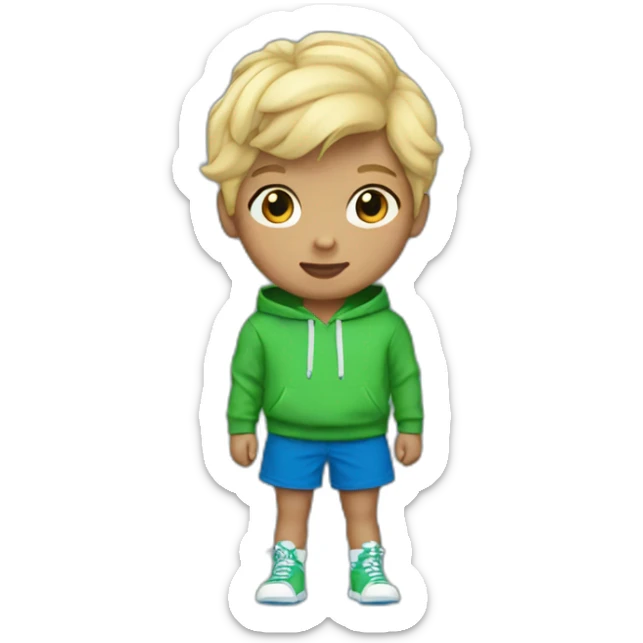 Kid with a green puma hoodie And blue shorts And blonde hair sticker