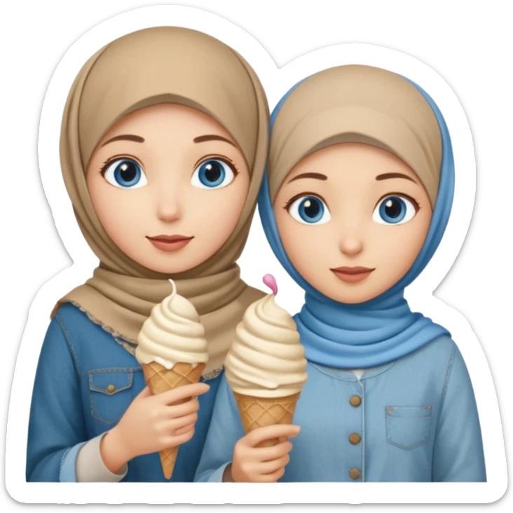 Turkish beautiful finish Konya two girls blue eyes with beige denim hijab islamic dress and had on her hand ice cream sticker