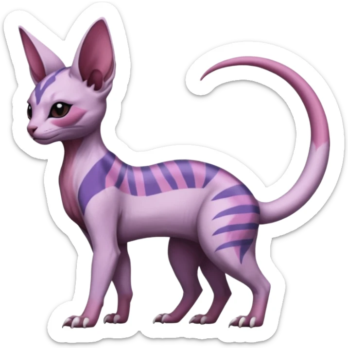 Purple, white, black, Minccino-Nidoran-Sphynx-Lykoi-Linoone-Zangoose-fusion-hybrid-animal-Fakémon-creature, full body, thin long sleek scaly tail, intricate markings sticker