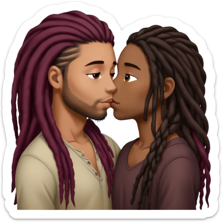 Dark Wine colored hair Latina long hair, kissing young black guy with dreads sticker