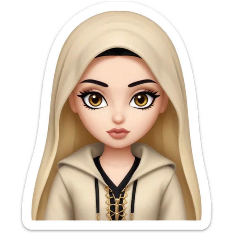 arabian, pretty lips, clothes, very pale skin,  dark brown eyes, pretty bratz baddie, black eyeliner sticker