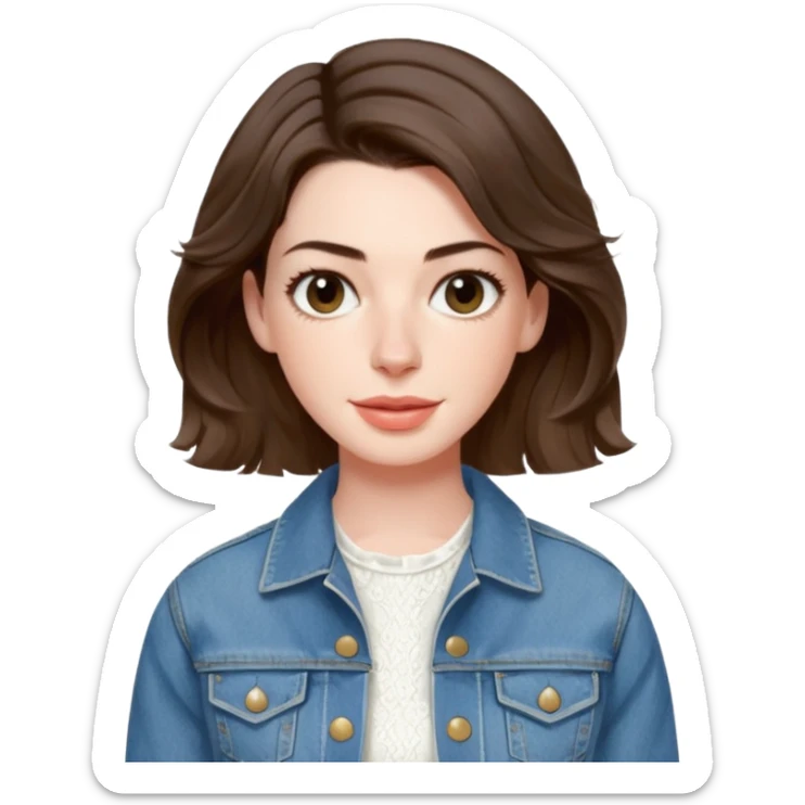 Anne Hathaway with short wavy hair with white cotton dress and denim jacket sticker