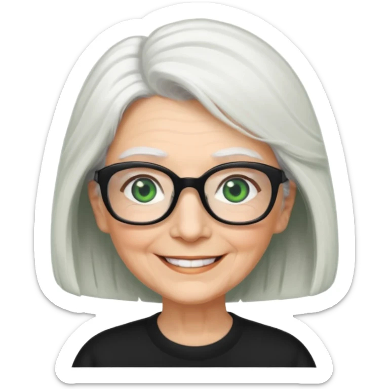 White hair grandma, green eyes, hair to shoulder, lokeg black glasses, rectangles face, smile , sticker
