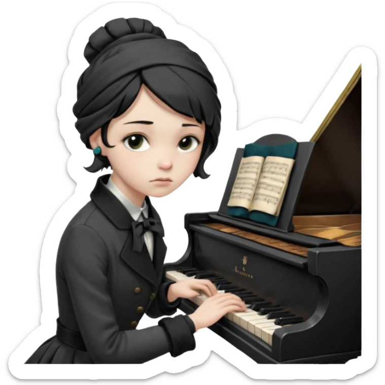 female pianist 20 years old, sad, antique hairstyle, head wrapped twice with a narrow black ribbon. Dark, thick hair in a rough knot. sits playing the piano, half-torn buttons on coat and torn gloves sticker