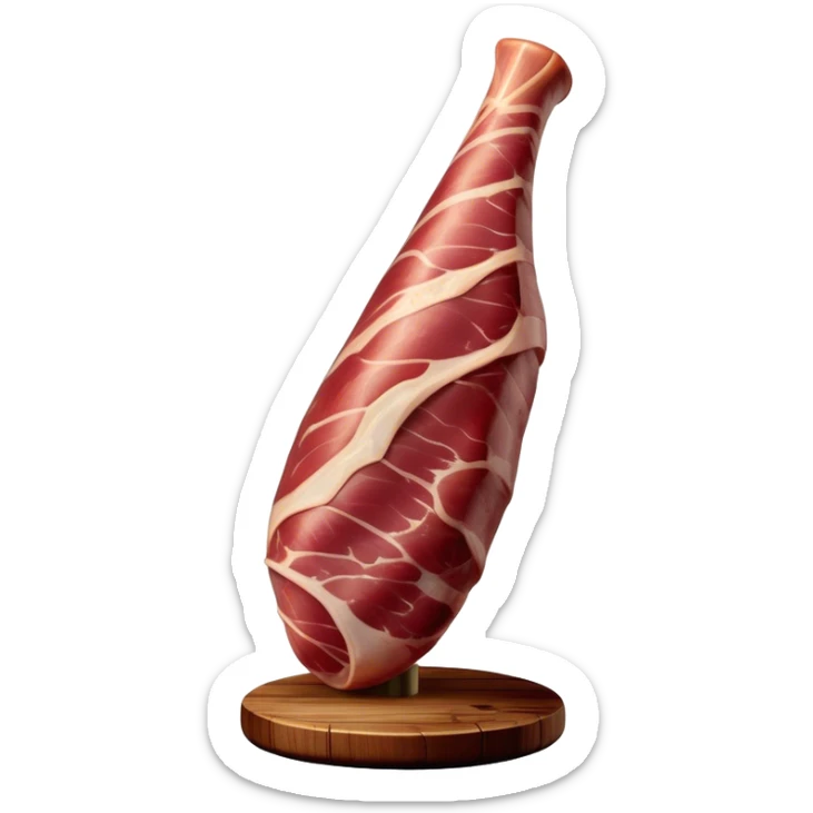 ​Cinematic Realistic Spanish Jamón Leg, depicted as a massive, cured leg of Jamón serrano with a deep reddish-brown hue, intricately marbled and slightly glossy with age, elegantly displayed on a rustic wooden stand and bathed in warm, soft lighting that accentuates its artisanal heritage, sticker