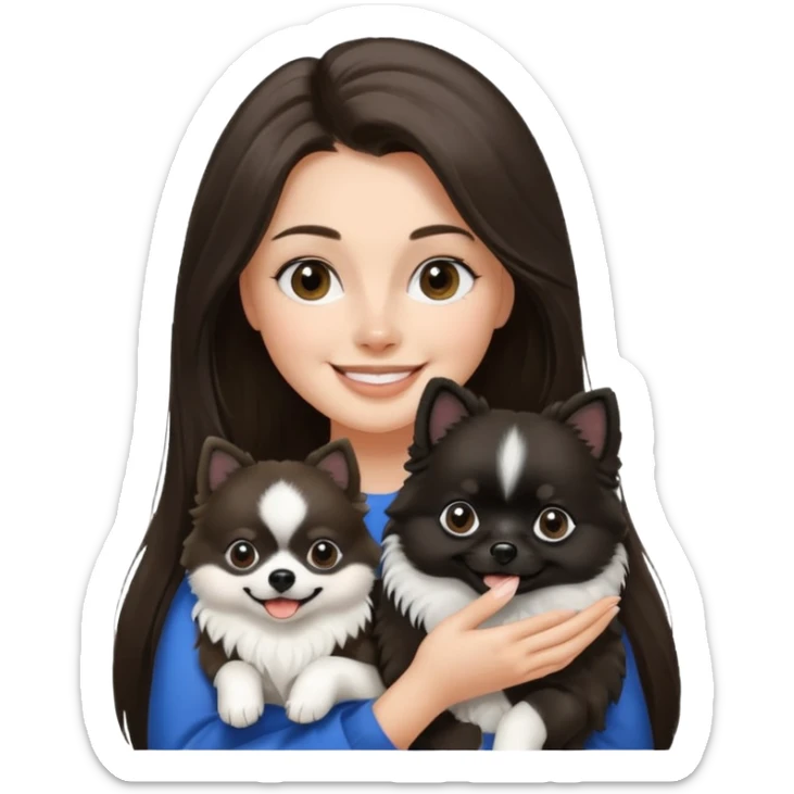 A woman who has brunette long hair is holding a black and white 1 Pomeranian dog who has black face but in the middle he has a white line from the nose sticker
