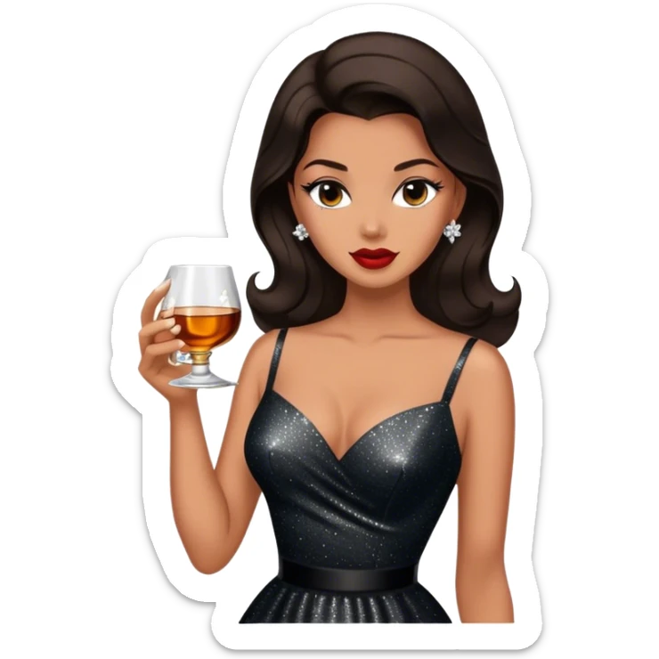 Beautiful woman in 1950’s woman fashion look, black shimmery dress, long dark brown hair, whisky with ice sticker