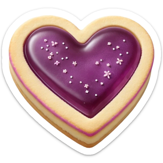 Realistic shortbread cookie in the shape of a heart with mauve jelly middle filling and sprinkled powder sugar on top. sticker