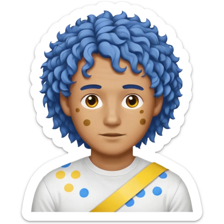 Make me an emoji that has a guy with a white shirt and yellow tape around the shirt with brown and blue spots hair make the hair curly make the yellow tape go around it sticker