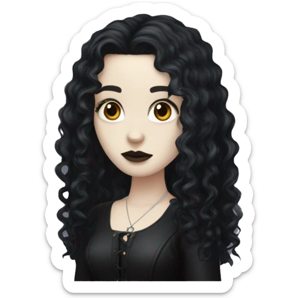 Goth girl with pale skin tone and a long black curly mullet sticker