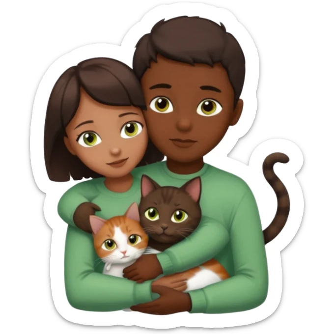 Crea un emoji donde salga un chico moreno con los ojos claros, una chica morena con los ojos marrones y SOLO UN gato europeo comun de pelaje oscuro y ojos verde claro, quiero que se esten abrazando y el gato este en el medio del chico y la chica sticker