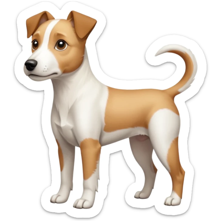 a full body facing front on of a buff white parson russell terrier looking dog the size of a kelpie with light brown long ears and a light brown patch on one eye and a large snout. the rest of the dog is completely white.  sticker