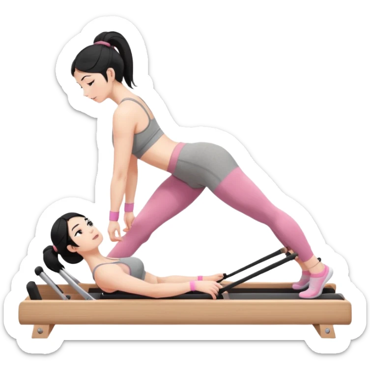 Create a Pilates emoji: a girl with fair skin and black hair, wearing a grey bra and grey leggings with pink pilates socks, on all fours on a wooden reformer. Make it look at the reformer. Make the colors neutrals. sticker