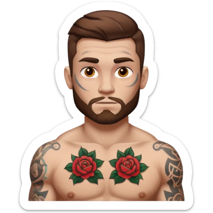tattoo man, white skintone,brown hair, tattoos on face, more visible, bulky man with tattos on his chest. sticker