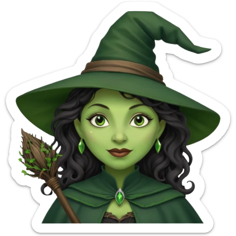 elphaba the wicked witch from wicked movie (cynthia erivo) dark long curly hair, thick lips, wide nose, green skins, witch hat, witch broom, evil, wicked musical film, smirk sticker