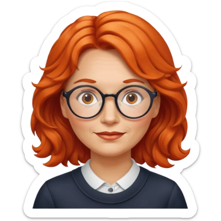 Norwegian woman, middle-aged, red-orange wavy hair tied to the left, big round glasses sticker
