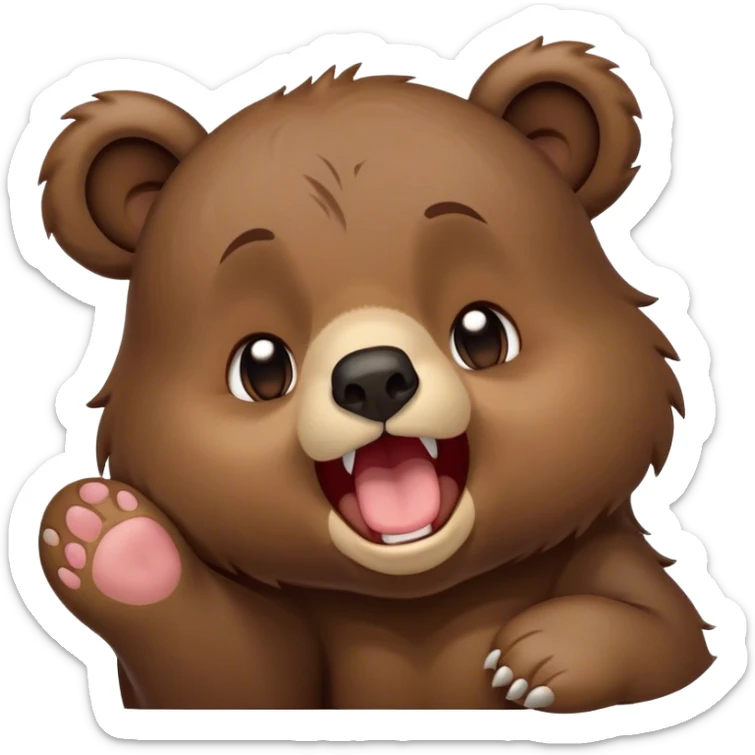 Cinematic Cute Yawning bear cub Portrait Emoji, Head tilted slightly with a dramatic, wide-open yawn, showcasing a soft, plush dark brown fur with drooping ears, round eyes barely open in drowsy contentment, Simplified yet irresistibly adorable features, highly detailed, glowing with a soft, cozy glow, high shine, relaxed yet expressive, stylized with a touch of woodland charm, bright and endearing, soft glowing outline, capturing the essence of a sleepy yet affectionate bear cub, so drowsy it feels like it could lumber out of the screen and curl up for a nap! sticker