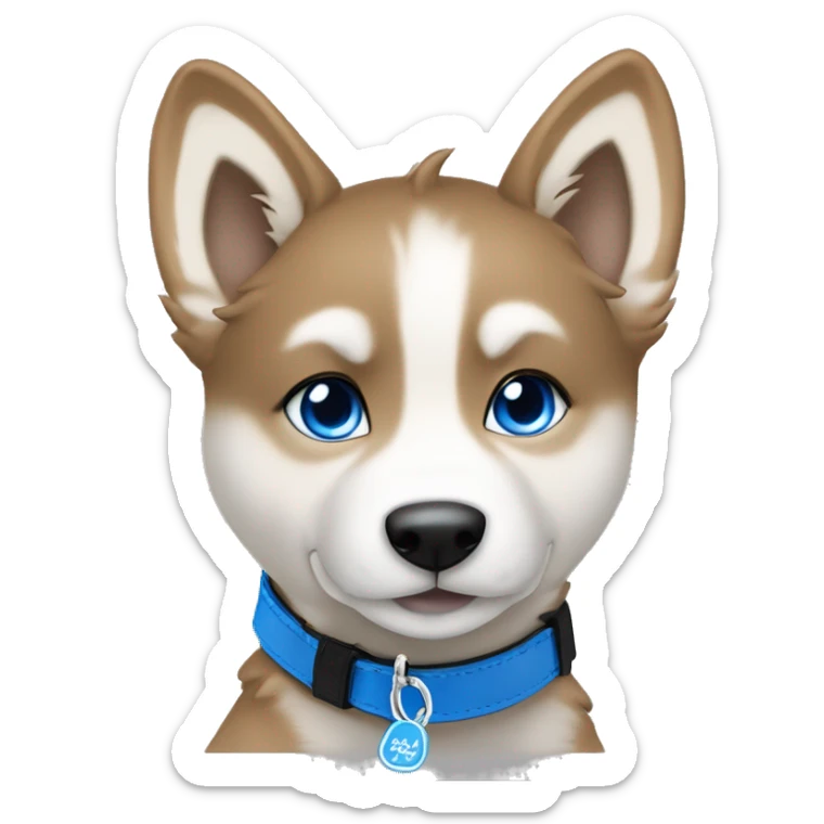  Caramel Frappe Brown husky puppy sitting head tilted gazing at viewer with blue eyes with metallic blue bone as on black collar tag sticker