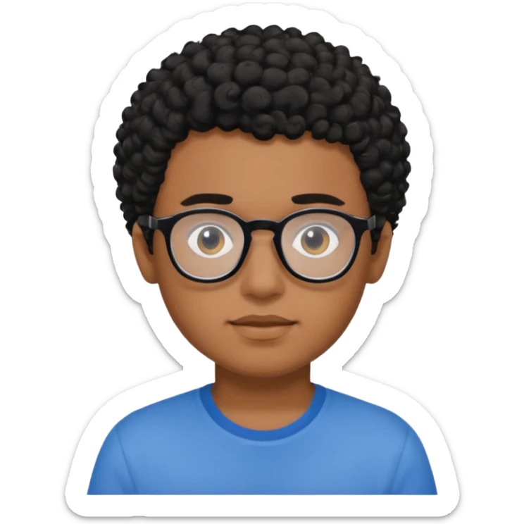 Menino moreno com cabelo curto cacheado preto, de óculos preto e blusa azul sticker
