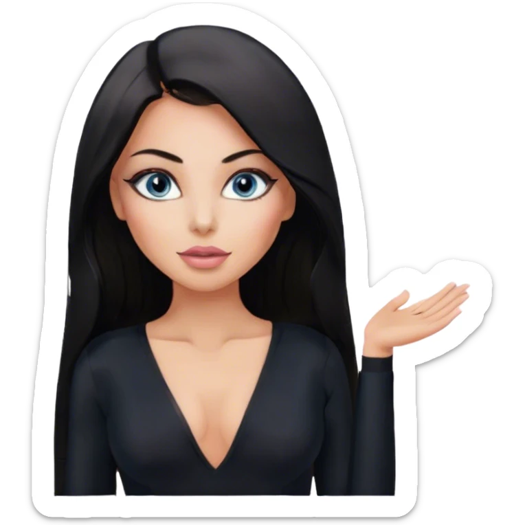 Glamours, tanned, beautiful, girl, with blue eyes, big pump peach-beige-rose lips, eyeliner, long lashes, black straight smooth silky long hair, parting hair in the middle,  in black v-neck bodysuit long sleeves sticker