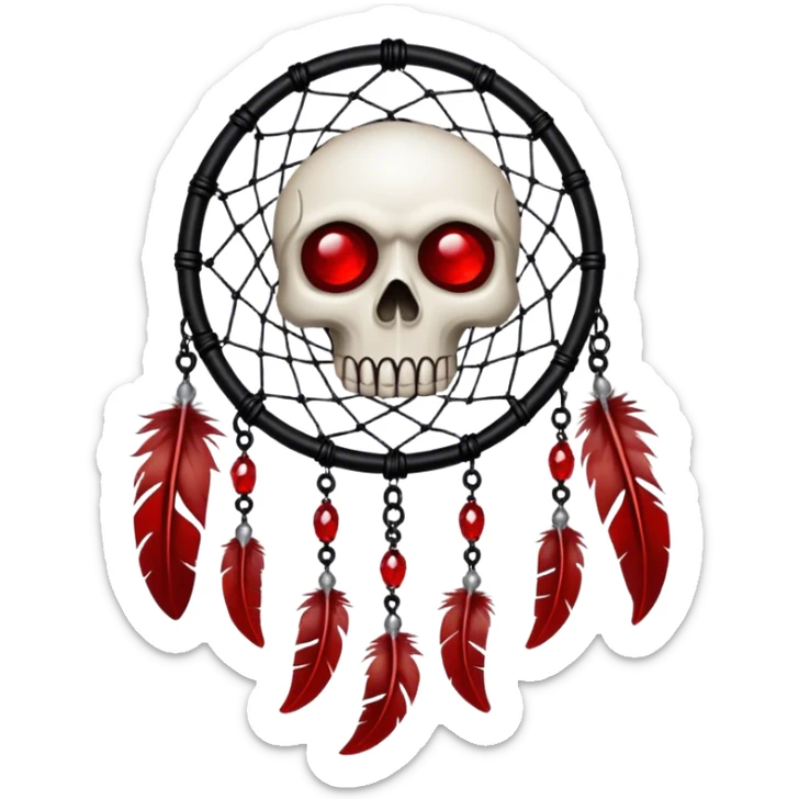 Blood-red, bloody, obsidian-black, edgy, dream catcher, red gemstones, black wires, black threads, skull, white feathers, badass, evil sticker