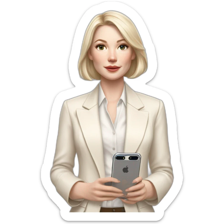pale skin woman with ash blonde Straightened bob Hair, White Spacious classical jacket, beige palazzo Arrow pants and gray blouse holding white IPhone 15 pro in the hands sticker