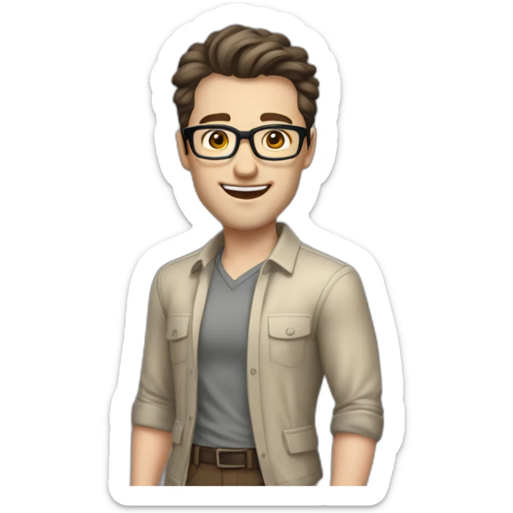 Joyful Pale skinned Fit Man With dark brown hair in gray jacket, beige office shirt, Brown pants and vintage glasses. His thrumbs up sticker