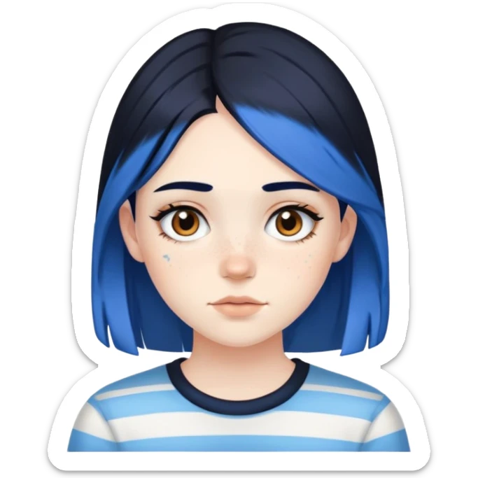 Pale girl with brown eyes and freckles, black hair, with two strips of blue hair sticker