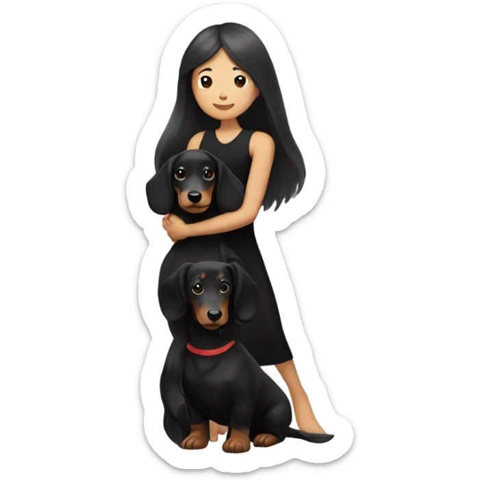 an Asian girl with long hair, wear black dress, hugging a black and tan long haired dachshund sticker