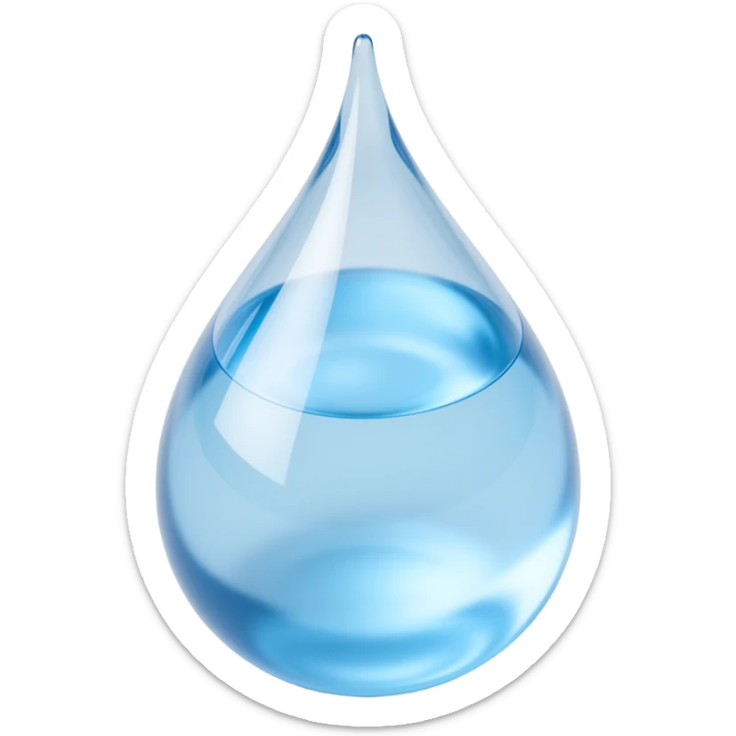 glassy transparent water droplet icon with light refraction and soft shadows in skeuomorphism style sticker