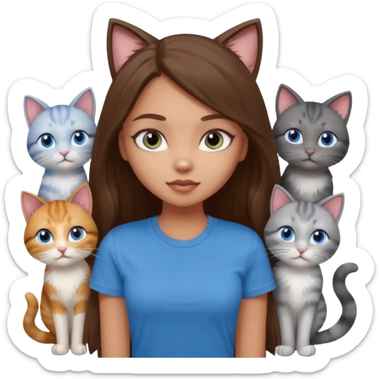 a pretty bratz dusky light skin girl with long brown hair, blue eyes with six cats nd wearing a grey tshirt sticker