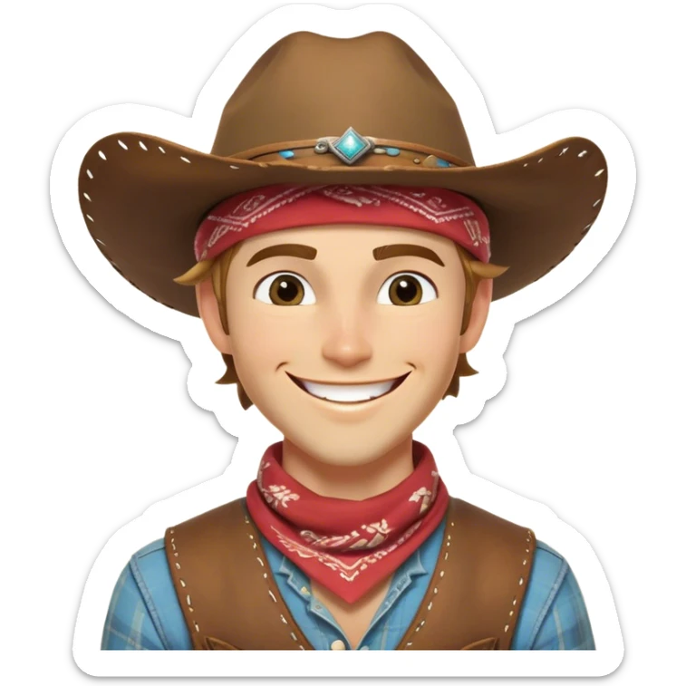 Clash of Clans aesthetic Playful Cowboy Portrait Emoji, Head tilted with a roguish, cheeky grin and twinkling eyes, featuring a compact, charming build with a jaunty hat and a friendly bandana, his natural skin tone adding authenticity, Simplified yet irresistibly charming features, highly detailed, glowing with a warm, inviting western glow, high shine, spirited and lively, stylized with an air of whimsical frontier mischief, soft glowing outline, capturing the essence of a playful cowboy exuding friendly rogue charm! sticker