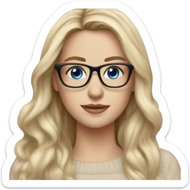 Blonde balayage long hair white women beige sweater blue eyes and small glasses  sticker