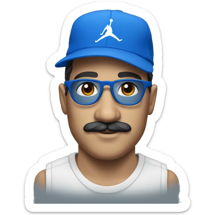 Homme européen avec une moustache portant des lunettes bleues , une casquette jordan bleu , un survêtement bleu sticker