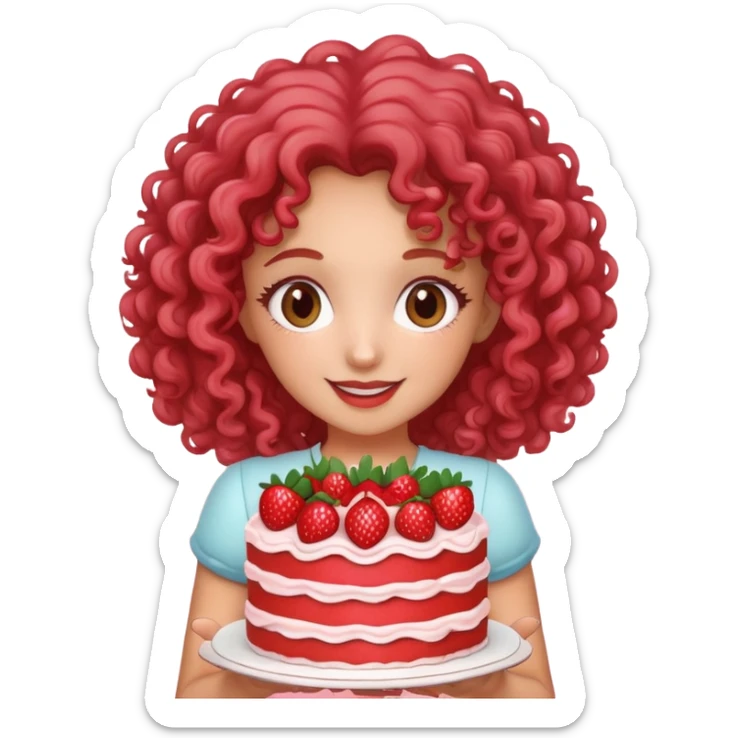 Hasme una chica rizada sosteniendo en sus manos un pastel de fresas y que diga happy birthday y que su cuerpo llega solo hasta la cintura  sticker