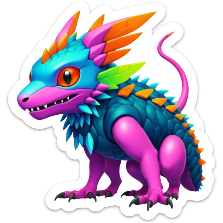 Tropical lush warm-colored modern colorful neon-colored cyber-Fakémon-Digimon-Trico-Vernid-creature sticker