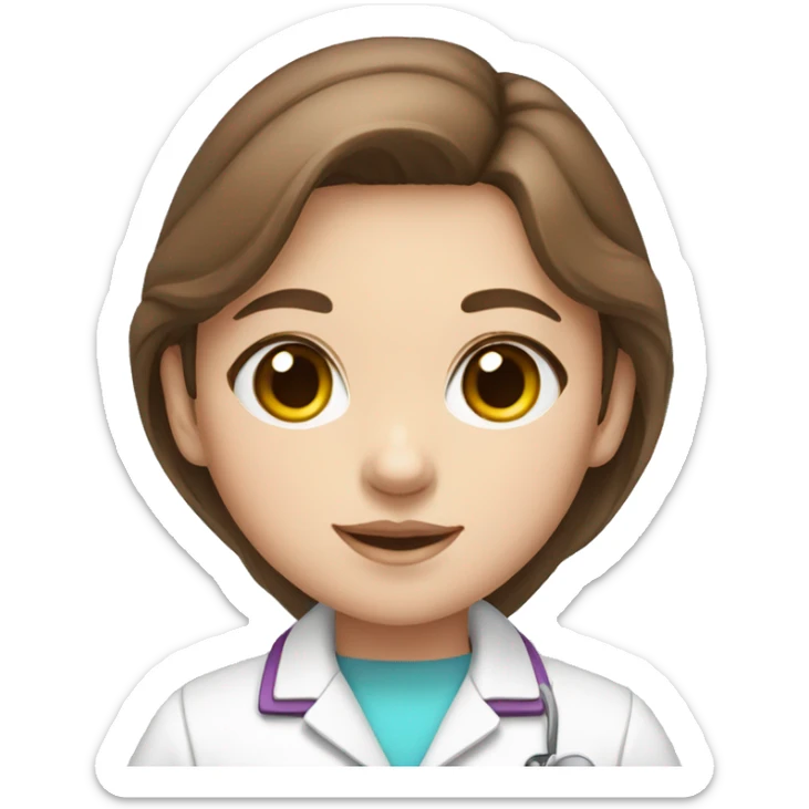 White young girl with brown hair and blue eyes wearing a rainbow pharmacist coat sticker