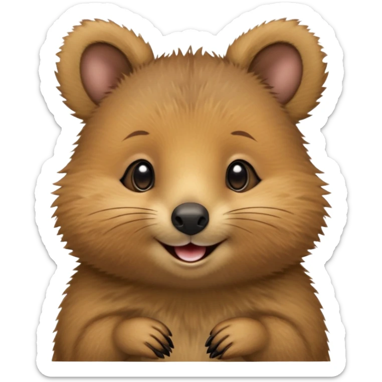 cinematic-quokka-realistic-full-body-standing on its hind legs hunched over-emoji,-small-round-frame-balanced-on-tiny-strong-hind-legs,giant fluffy cheeks large smile-fluffy-brown-fur-radiating-a-warm-softness,-big-round-eyes-filled-with-joy-and-innocence,-tiny-clawed-paws-held-close-to-chest,-cheerful-smile-exuding-endearing-happiness,-simplified-yet-realistic-focused-features,-highly-detailed,-glowing-with-a-sunny-warmth sticker
